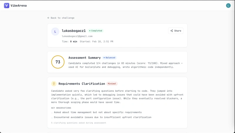 Results summary with score and assessment breakdown